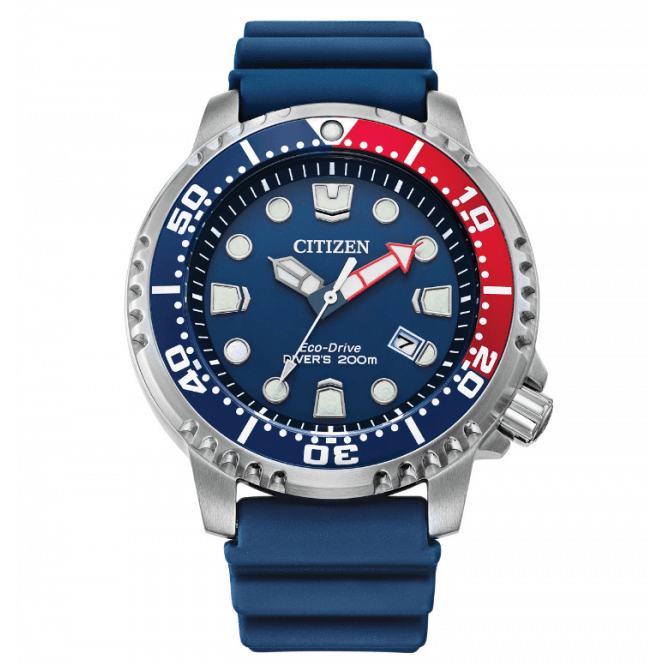 Citizen Mens Eco Drive Round Blue 200 Metre Divers Date Dial Rubber Blue Strap Watch BN0168-06L