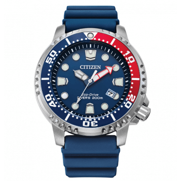 Mens Eco Drive Round Blue 200 Metre Divers Date Dial Rubber Blue Strap Watch BN0168-06L