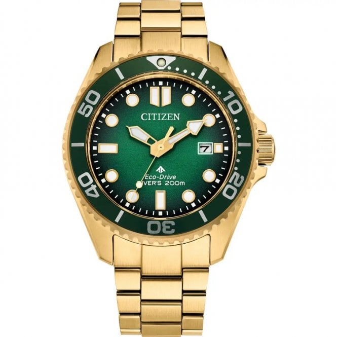 Citizen Mens Eco Drive Round Green 200m Dial Gold Plated Bracelet Watch BN0262-59W