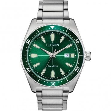 Mens Eco Drive Round Green Date Dial Green Bezel Stainless Steel Bracelet Watch AW1598-70X