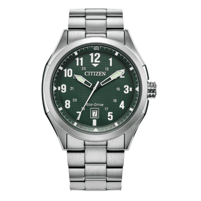 Citizen Mens ECO DRIVE Round Green Date Dial Stainless Steel Bracelet Watch AW1890-51X