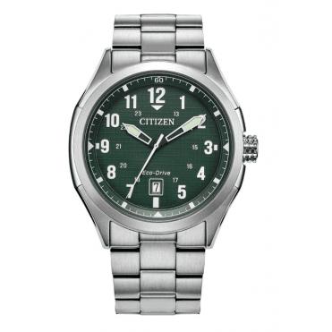 Mens ECO DRIVE Round Green Date Dial Stainless Steel Bracelet Watch AW1890-51X