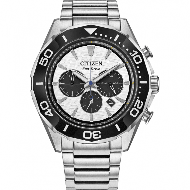 Citizen Mens ECO DRIVE Round Grey/Black Chronograph Dial Ceramic Bezel Stainless Steel Bracelet Watch CA4730-59A