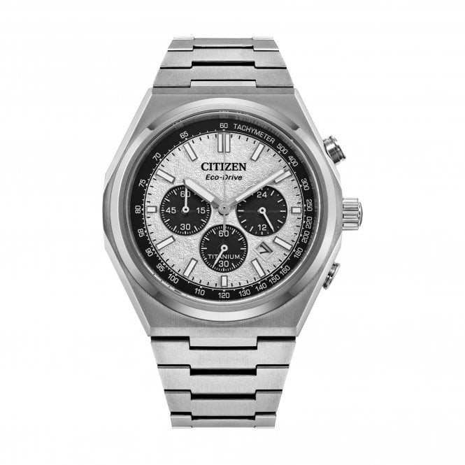 Citizen Mens Eco-Drive Round Silver Chronograph Dial Titanium Bracelet Watch CA4610-85A