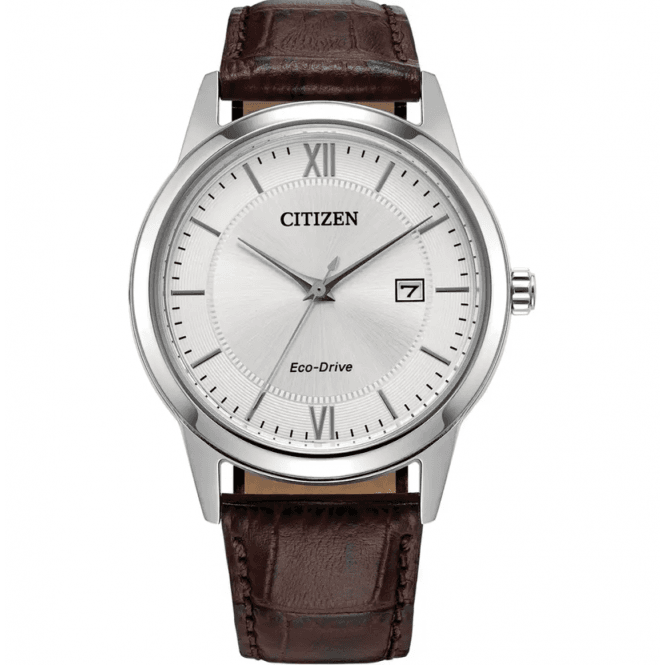 Citizen Mens Eco Drive Round Silver Date Dial Brown Strap Watch AW1780-25A