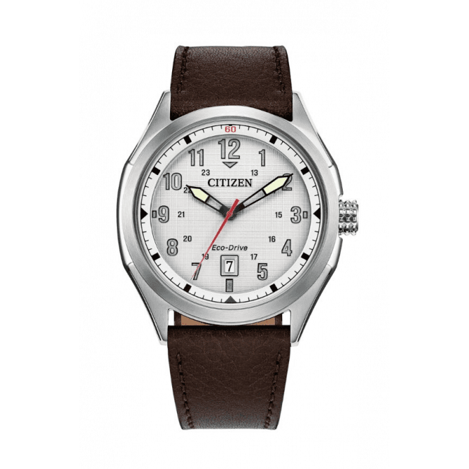 Citizen Mens ECO DRIVE Round White Textured Dial Brown Strap Watch AW1890-19B