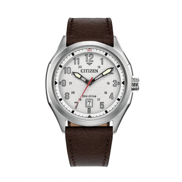 Mens ECO DRIVE Round White Textured Dial Brown Strap Watch AW1890-19B