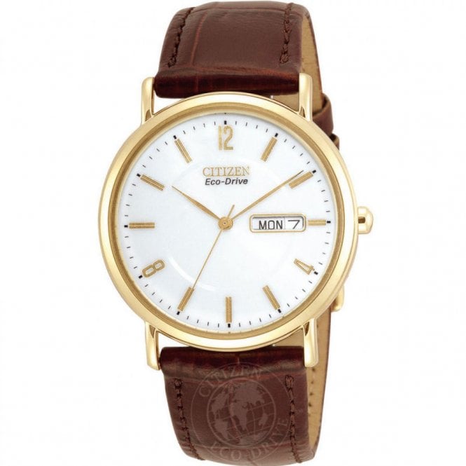 Citizen Mens Eco Drive White Dial Round Brown Strap Watch BM8242-08A