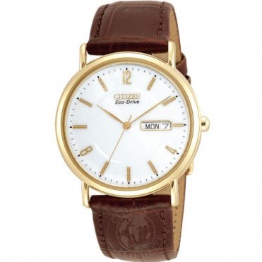 Mens Eco Drive White Dial Round Brown Strap Watch BM8242-08A