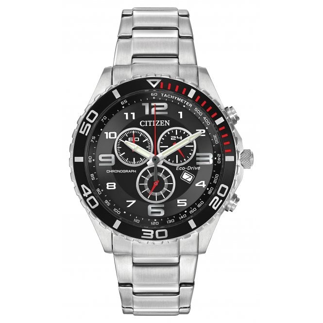 Citizen Mens Round Black Chronograph Date and Dial Stainless Steel Bracelet Watch AT2121-50E