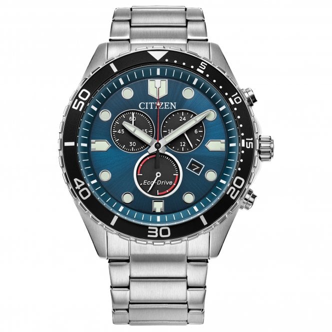 Citizen Mens Round Blue Chronograph Black Bezzel Stainless Steel Bracelet Watch AT2560-84L