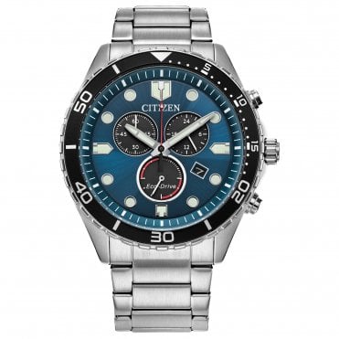 Mens Round Blue Chronograph Black Bezzel Stainless Steel Bracelet Watch AT2560-84L