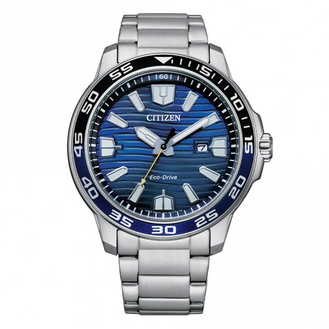 Citizen Mens Round Blue Date Dial Black/Blue Bezel Stainless Steel Bracelet Watch AW1525-81L
