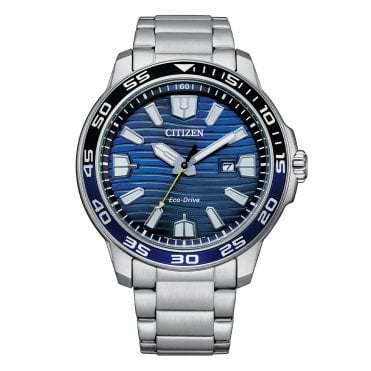 Mens Round Blue Date Dial Black/Blue Bezel Stainless Steel Bracelet Watch AW1525-81L
