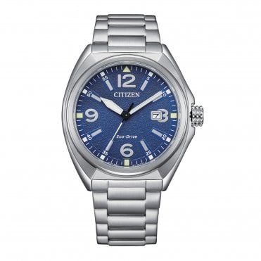 Mens Round Blue Date Dial Stainless Steel Bracelet Watch AW1571-76L