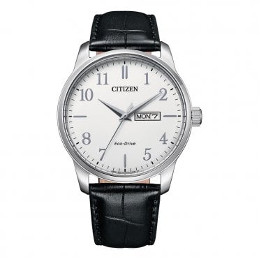 Mens Round Day/Date Dial Black Strap Watch BM8550-14A