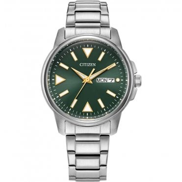 Mens Round Green Day/Date Dial Stainless Steel Bracelet Watch BM8180-71W