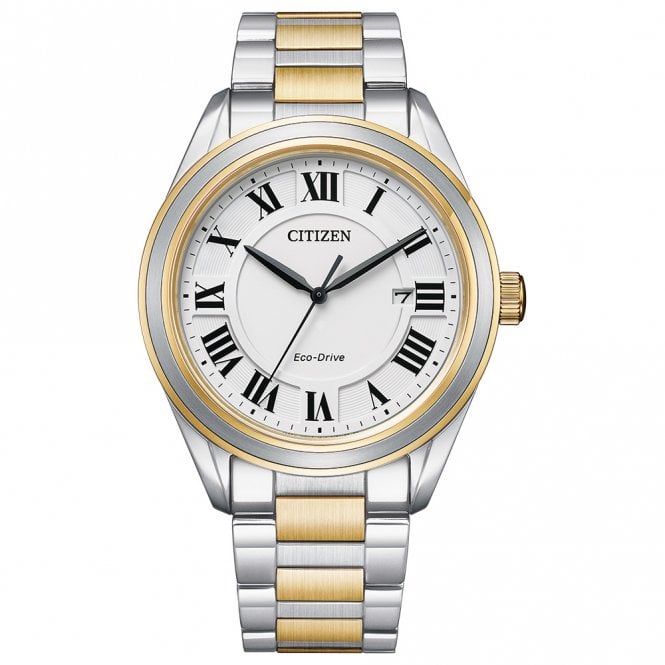 Citizen Mens Round White Date Dial 2 Colour Bracelet Watch AW1694-50A