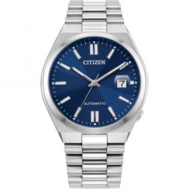 Mens TSUYOSA Automatic Round Navy Blue Dial Stainless Steel Bracelet Watch NJ0150-56L