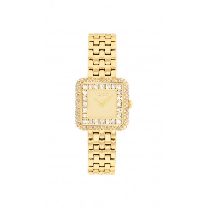 Coach Ladies CASS Square Pave Crystal Dial Gold Plated Bracelet Watch 14504559