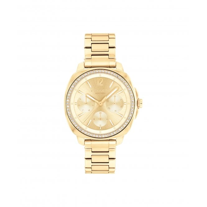 Coach Ladies KITT Round Gold Dial Stone Set Bezel Gold Plated Bracelet Watch 14504393