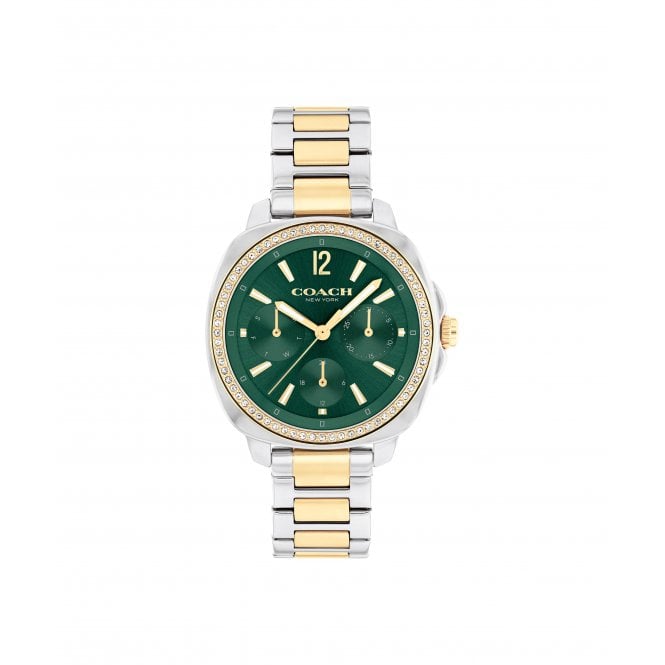 Coach Ladies KITT Round Green Dial Stone Set Bezel Two Tone Bracelet Watch 14504394