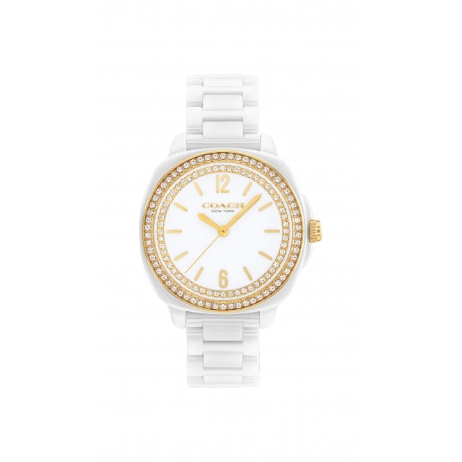 Coach Ladies KITT Round White Dial Stone Set Bezel White Bracelet Watch 14504562