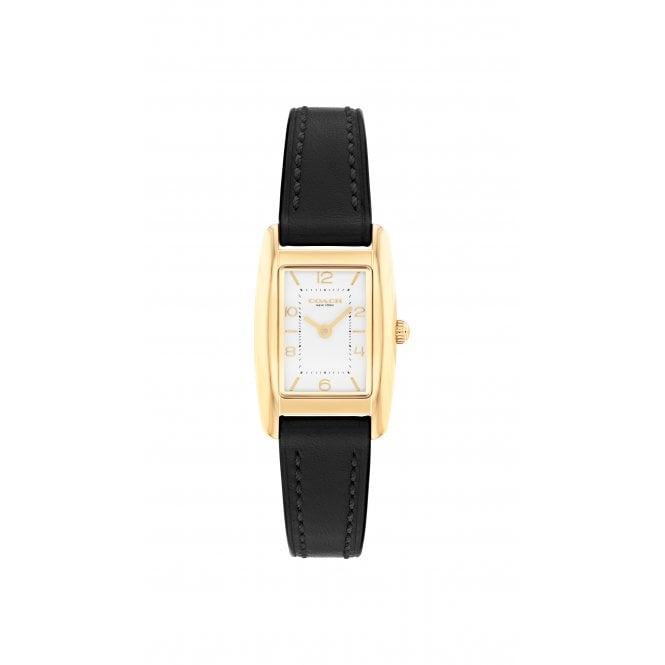 Coach Ladies REESE Rectangle White Dial Gold Plated Case Black Strap Watch 14504647