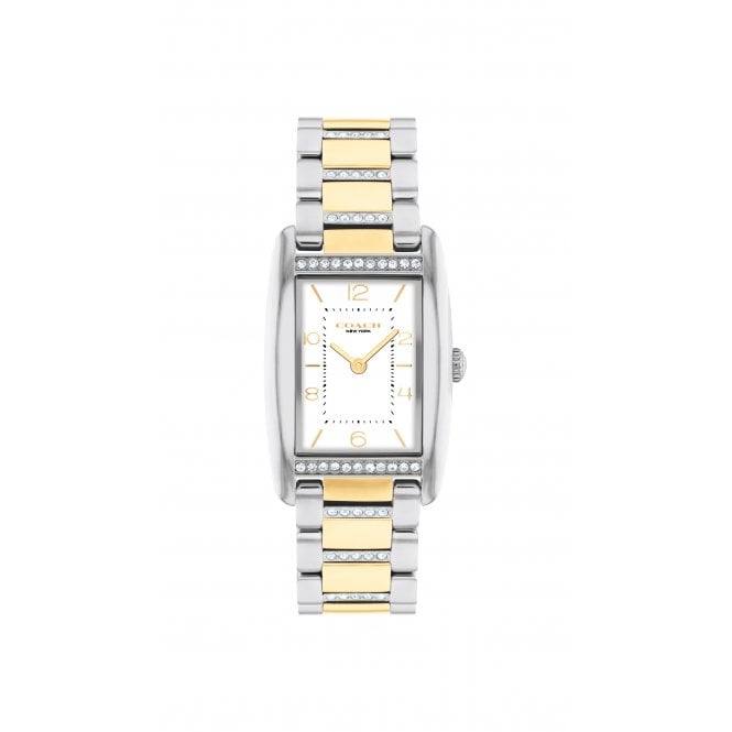 Coach Ladies REESE Rectangle White Dial Stone Set Bezel Two Tone Bracelet Watch 14504318