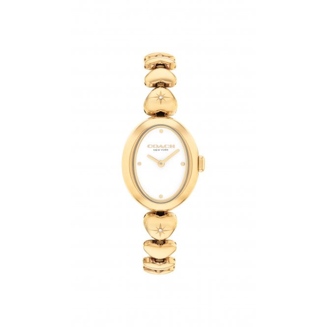 Coach Ladies SAMMY Oval White Dial Gold Plated Heart Bracelet Watch 14504638