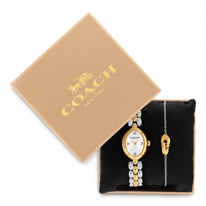 Coach Ladies SAMMY Oval White Dial Two Tone Bracelet Watch and Toggle Bracelet Gift Set 14000128