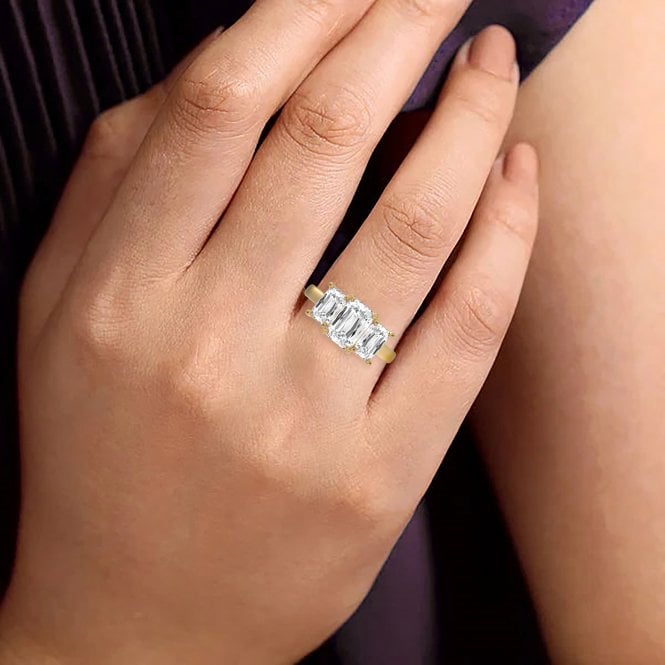 Eternity 18ct Gold 3 Stone Emerald Cut Lab Diamond Ring 3 Carats