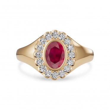18ct Gold Oval & Ruby Halo Cluster Lab Diamond Ring
