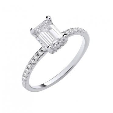 18ct White Gold Lab Grown Emerald Cut Diamond Ring With Diamond Set Shoulders