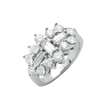 9 carat white gold 3 baguette/12 diamond cluster ring 1.50 carats
