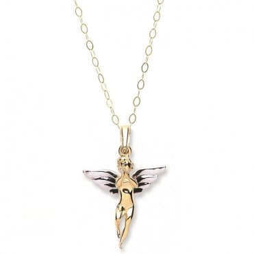 9ct 2 Colour Gold Angel Pendant and 16" Trace Chain