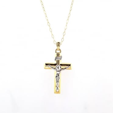 9ct 2 Colour Gold Crucifix Pendant and 16'' Trace Chain