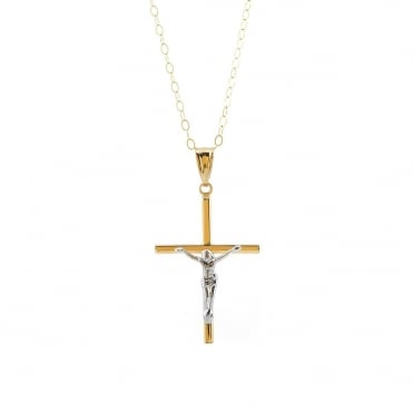 9ct 2 Colour Gold  Crucifix Pendant and 16'' Trace Chain