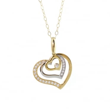 9ct 2 Colour Gold Cubic Zirconia Set Heart Pendant and 16'' Trace Chain
