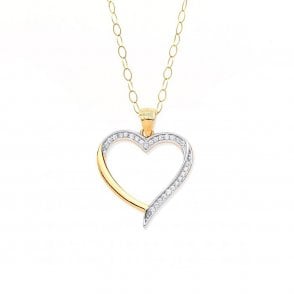 9ct 2 Colour Gold Cubic Zirconia Set Open Heart Pendant and 16'' Chain