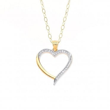 9ct 2 Colour Gold Cubic Zirconia Set Open Heart Pendant and 16'' Chain