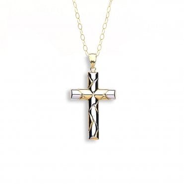 9ct 2 Colour Gold Fancy Cross Pendant and 16'' Chain
