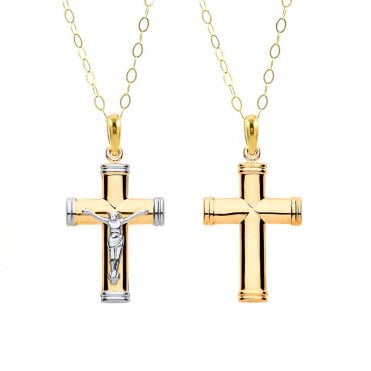 9ct 2 Colour Gold Hollow Tube Crucifix Pendant and 16'' Chain