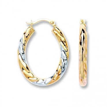9ct 2 Colour Gold Oval Twist Creole Hoop Earrings
