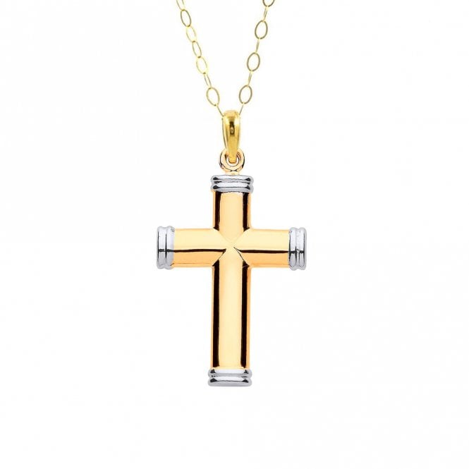 Eternity 9ct 2 Colour Hollow Tube Plain Cross Pendant and 16'' Chain