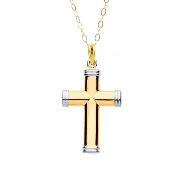9ct 2 Colour Hollow Tube Plain Cross Pendant and 16'' Chain