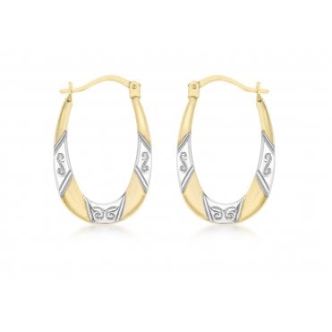 9ct 2 Colour Oval Diamond Cut Creole Hoop Earrings