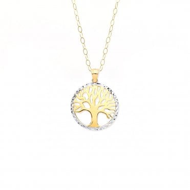 9ct 2 Colour Tree of Life Pendant and 16'' Trace Chain