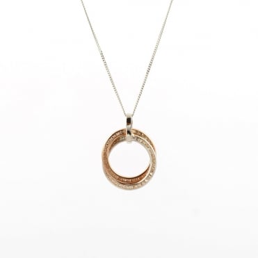 9ct 2 Colour White & Rose Gold Cubic Zirconia Set Double Round Pendant and 18'' Curb Chain