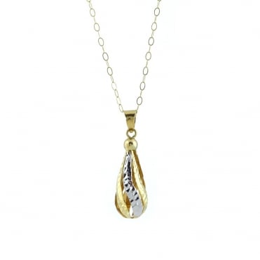 9ct 2 Colour Yellow & White Diamond Cut Teardrop Pendant and 16'' Trace Chain
